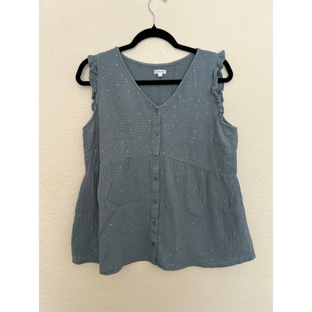 Vertbaudet Blue Gold Dot Ruffle Sleeveless Cotton Button Blouse Top 44 - Picture 3 of 12